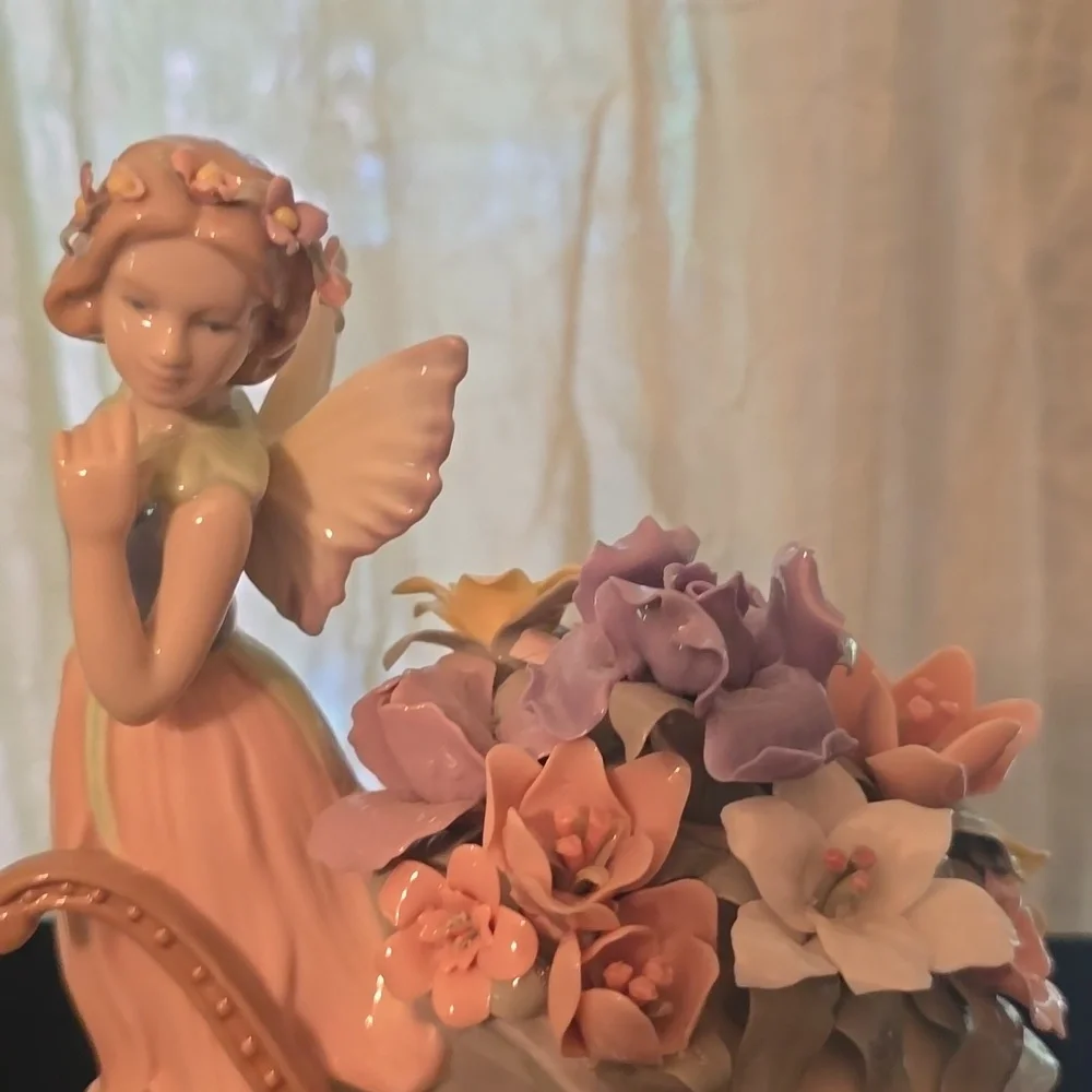 Vintage Porcelain Fairy Cart Full‎ of Pink Purple White Flowers 6 1/2 x 5 1/2